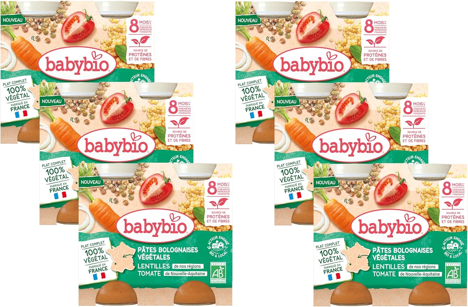 Petits pots - Pâtes bolognaises végétales - Carottes Lentilles Tomates - 8+ mois - 2 x 200g - BIO - Lot de 6