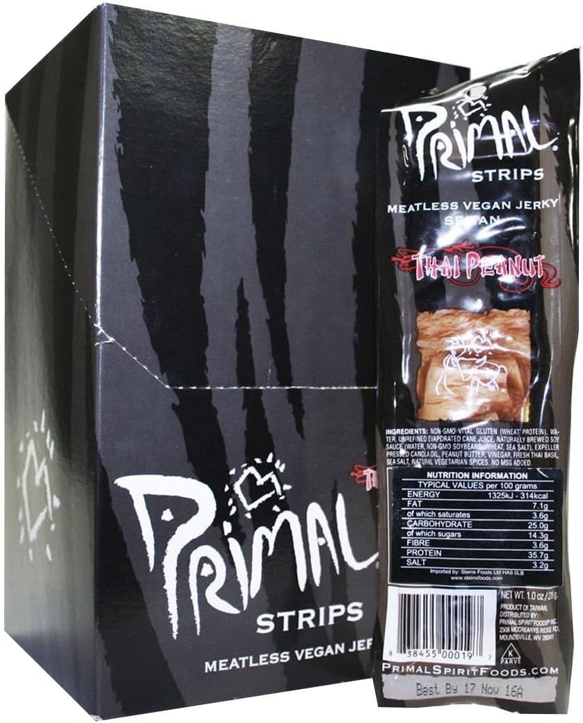 Primal Vegan Jerky - Seitan - Thai Peanut Jerky - 14 x 28g