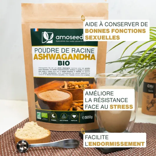 Ashwagandha en Poudre Bio 500G - Ginseng Indien - Stress, Sommeil, Adaptogène - Poudre de Racine 100% Pure d'Ashwagandha (Withania Somnifera) Biologique (Ginseng indien), Qualité Supérieure
