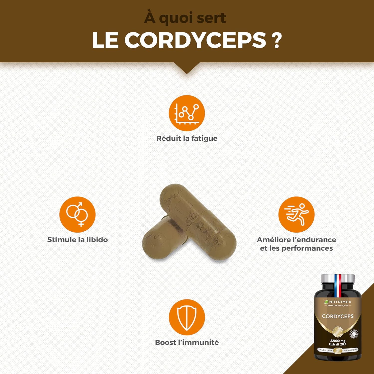 CORDYCEPS – 22200 mg – Extrait de Mycélium de Cordyceps 20:1 – Hautement Dosé en Polysaccharides – Champignon Adaptogène – 90 Gélules Vegan – Nutrimea - Fabriqué en France