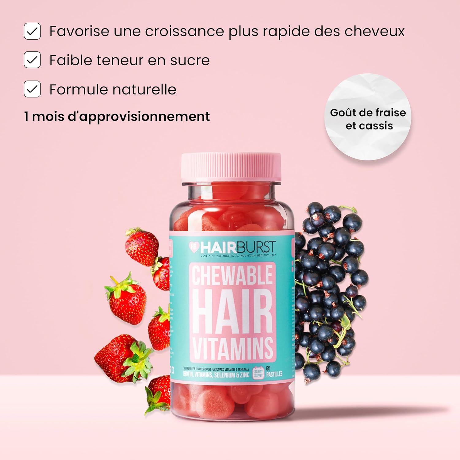 HAIR BURST Gummies Vitaminés de à la Biotine pour des Cheveux plus Longs et plus Épais — Ajout de Zinc, de Vitamine C et de Sélénium - 1 Mois d'Approvisionnement (Paquet de 60 Bonbons Gélifiés) 60 unité (Lot de 1)