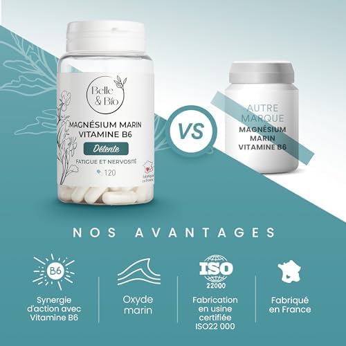 RÉDUCTION FATIGUE & DÉTENTE - Magnésium Marin & Vitamine B6-120 gélules - Cure 1 mois - Complément Alimentaire BELLE&BIO - Fabriqué en France Unique 1 unité (Lot de 120)