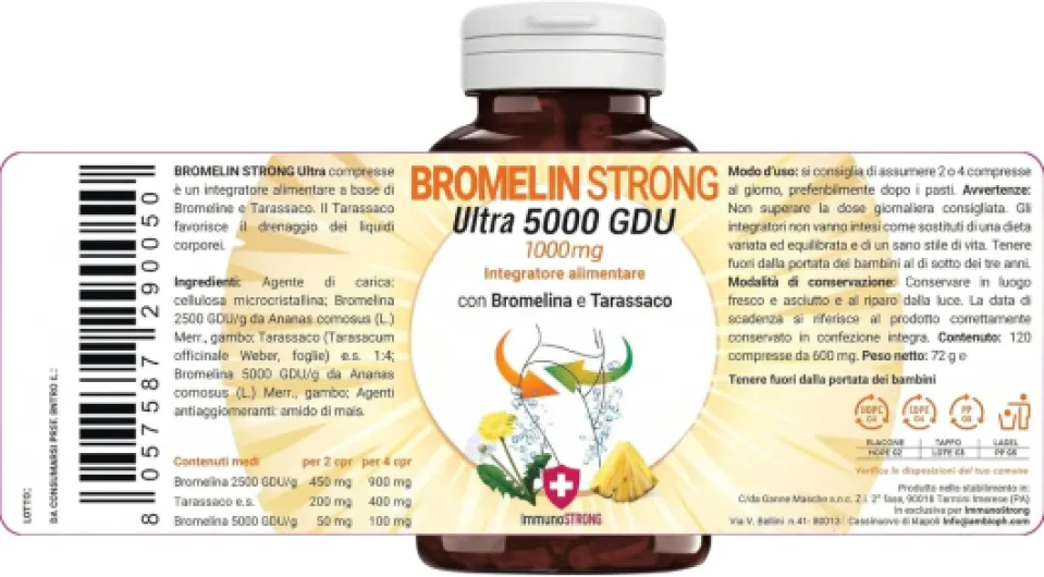 Bromélaïne 5000 GDU/g avec pissenlit - 120 comprimés de 1000 mg - ImmunoSTRONG 120 unité (Lot de 1)