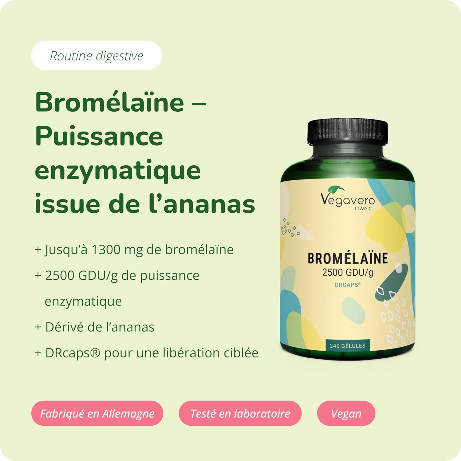 Bromelaine Pure 1300 mg Vegavero® - 240 Gélules - Dosage Élevé : 2500 GDU/g - SANS ADDITIFS - Enzymes Digestives - Digestion difficile - Gélules gastro-résistantes DRcaps® - VEGAN 240 unité (Lot de 1)