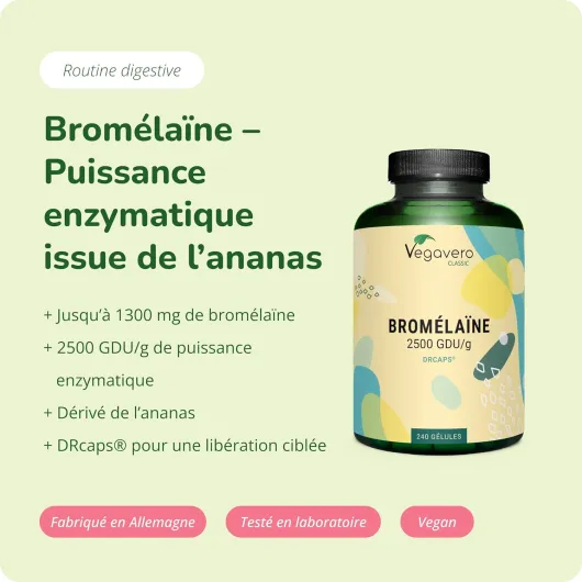 Bromelaine Pure 1300 mg Vegavero® - 240 Gélules - Dosage Élevé : 2500 GDU/g - SANS ADDITIFS - Enzymes Digestives - Digestion difficile - Gélules gastro-résistantes DRcaps® - VEGAN 240 unité (Lot de 1)
