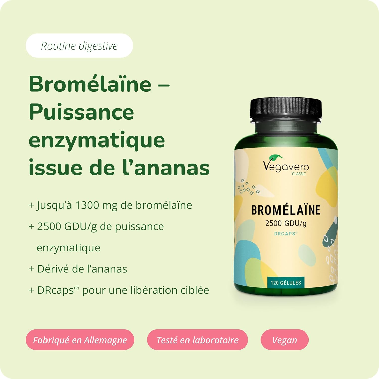 Bromelaine Pure 1300 mg Vegavero® - Dosage Élevé : 2500 GDU/g - SANS ADDITIFS - Enzymes Digestives - Digestion difficile - Gélules gastro-résistantes DRcaps® - 120 Gélules - VEGAN 120 unité (Lot de 1)
