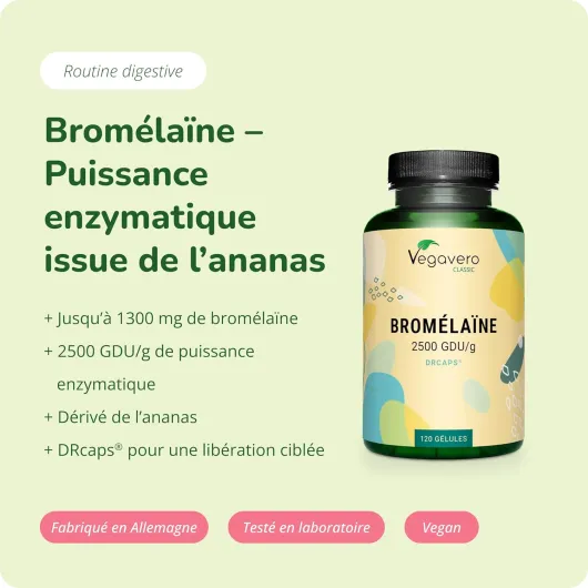 Bromelaine Pure 1300 mg Vegavero® - Dosage Élevé : 2500 GDU/g - SANS ADDITIFS - Enzymes Digestives - Digestion difficile - Gélules gastro-résistantes DRcaps® - 120 Gélules - VEGAN 120 unité (Lot de 1)