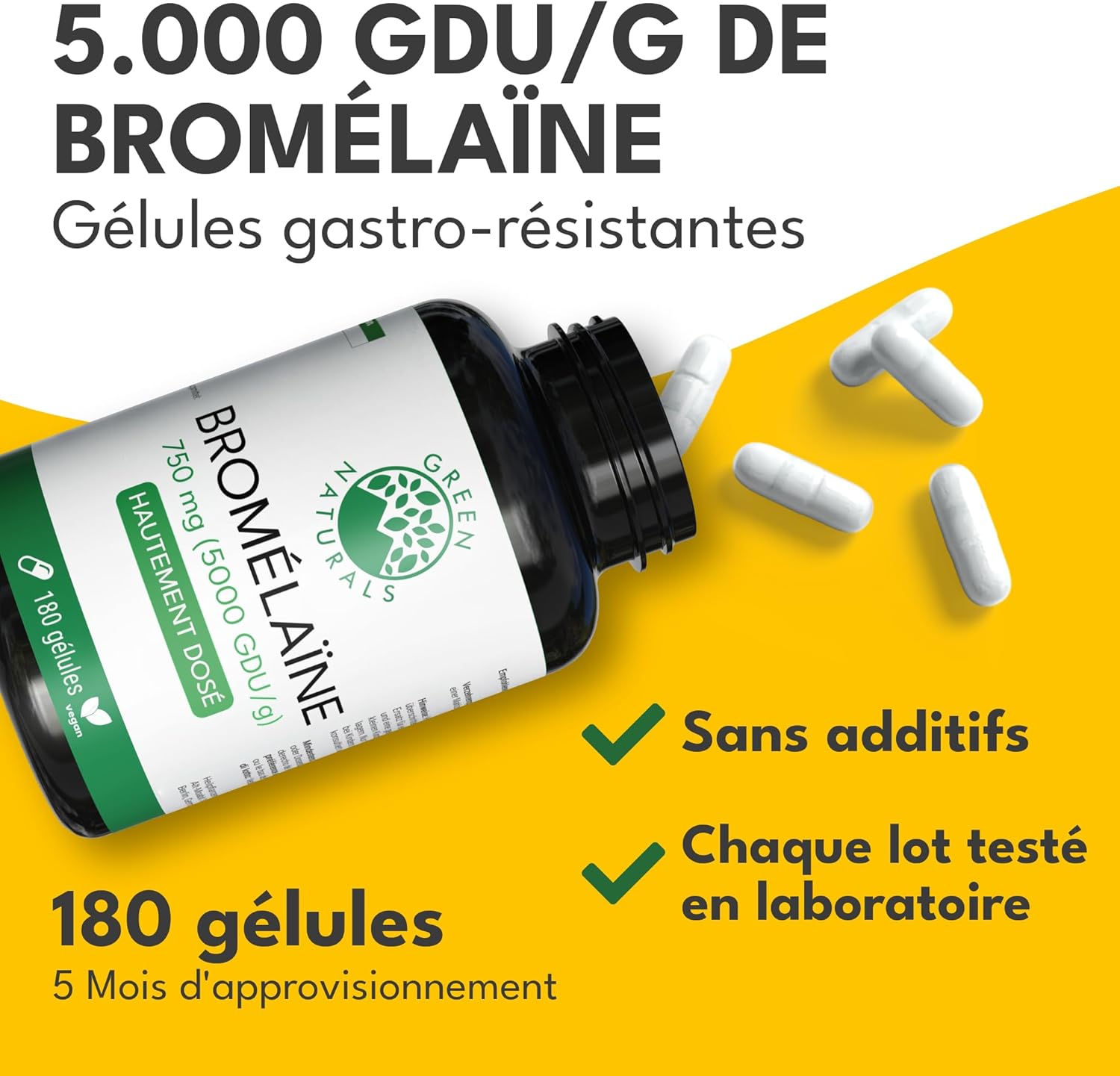 ® Bromélaïne – Hautement dosée : 750 mg (5 000 GDU/g) d’extrait naturel d’ananas – Gélules gastro-résistantes (DR Caps) – Vegan & testée en laboratoire – 180 gélules (6 mois) 180 unité (Lot de 1)