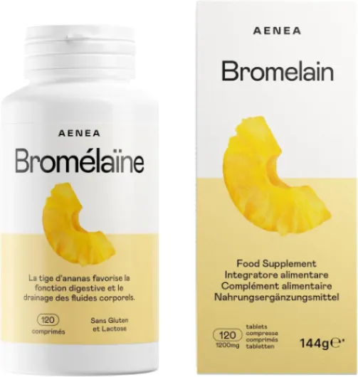 Aenea, Bromélaïne Naturelle Forte 750 mg, 120 Gélules, Aide à la Digestion, à la Microcirculation et au Drainage des Liquides, Extrait Naturel d’Ananas, Anti Ballonnements, Complément Alimentaire Bio 1 unité (Lot de 1)