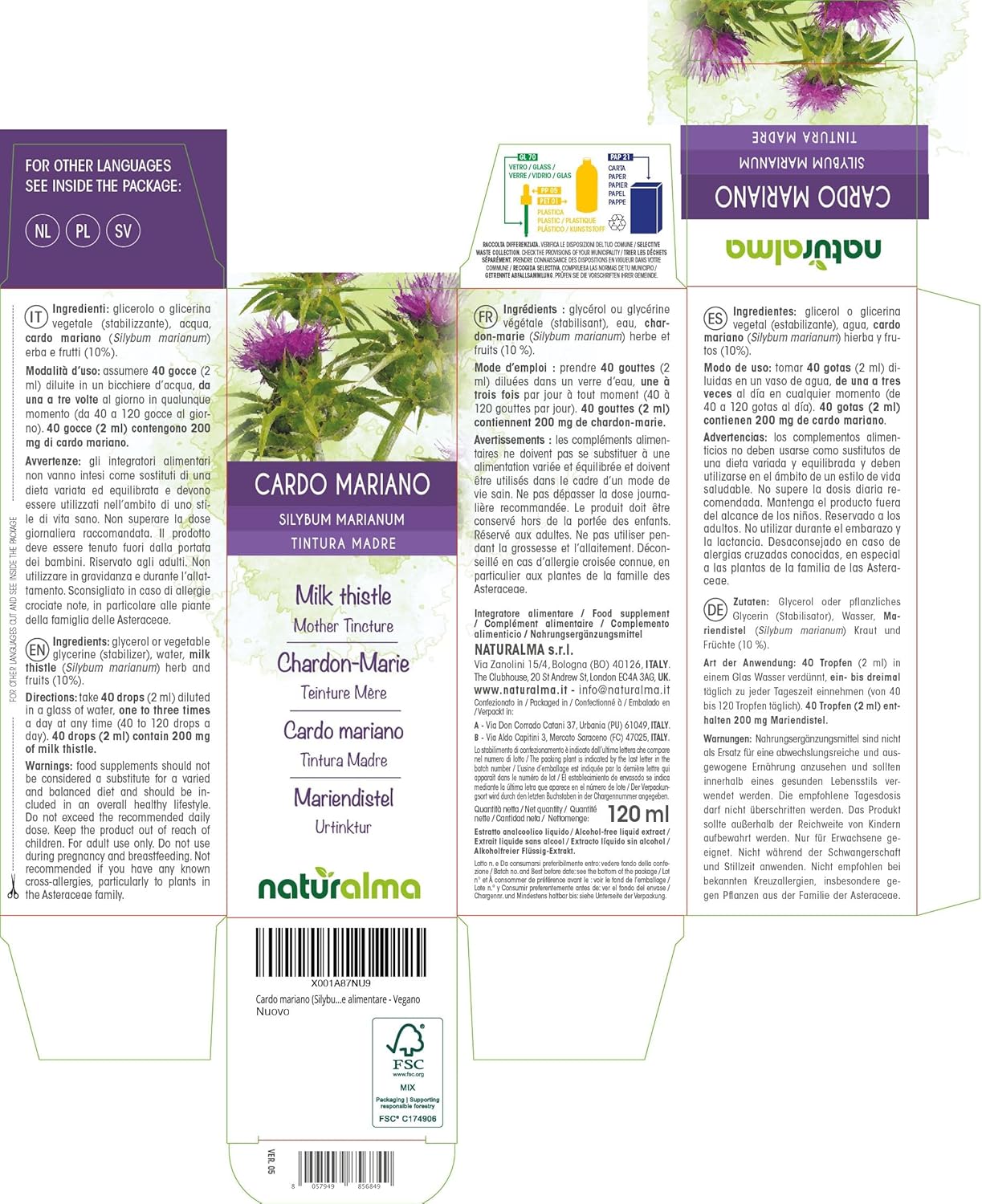 Chardon-marie (Silybum marianum) herbe et fruits Teinture Mère sans alcool Naturalma - Extrait liquide gouttes 120 ml - Complément alimentaire - Végétalien ou végan Sans alcool 120 ml (Lot de 1)