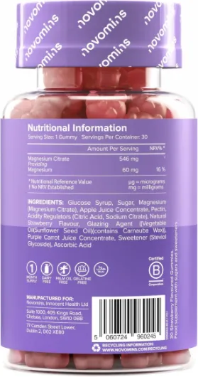Magnésium Enfant Gummies – 546 mg de Citrate de Magnésium (60 mg) – Système Nerveux & Moins de Fatigue – Végan, Sans Gluten – Goût Fraise – 30 Gummies – Novomins