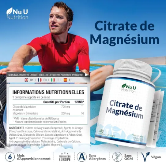Citrate de Magnésium 700mg - 180 Comprimés Vegan - 6 Mois - 200mg de Magnésium Élémentaire - Magnesium Hautement Biodisponible - Fabriqué en Europe - Nu U Nutrition 180 unité (Lot de 1)
