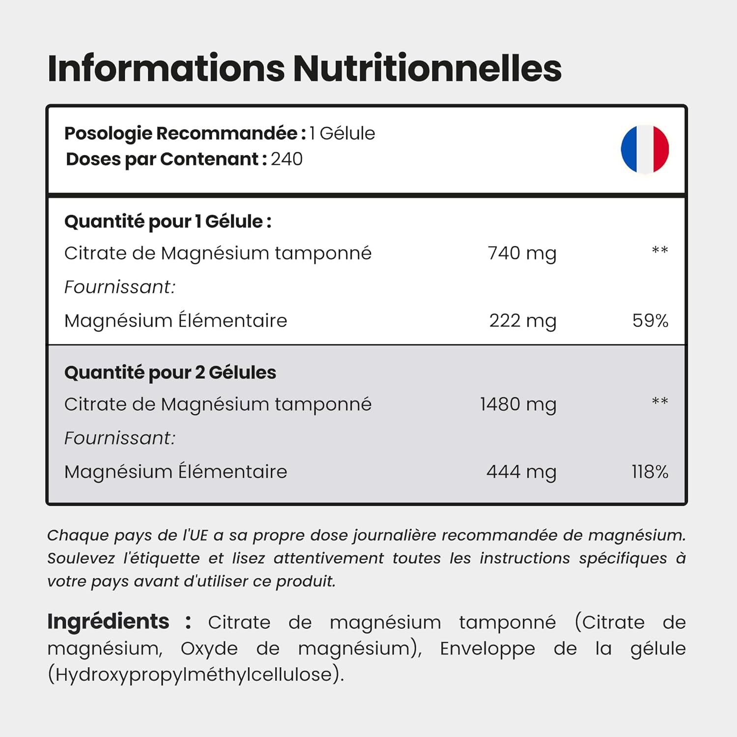 Magnésium Citrate en Gélules - 222 mg de Magnésium Élémentaire - 240 Gélules - Forme Bien Assimilable - Muscles, Sport, Système Nerveux, Énergie - Haute Dose - Complément Végane - VitaBright