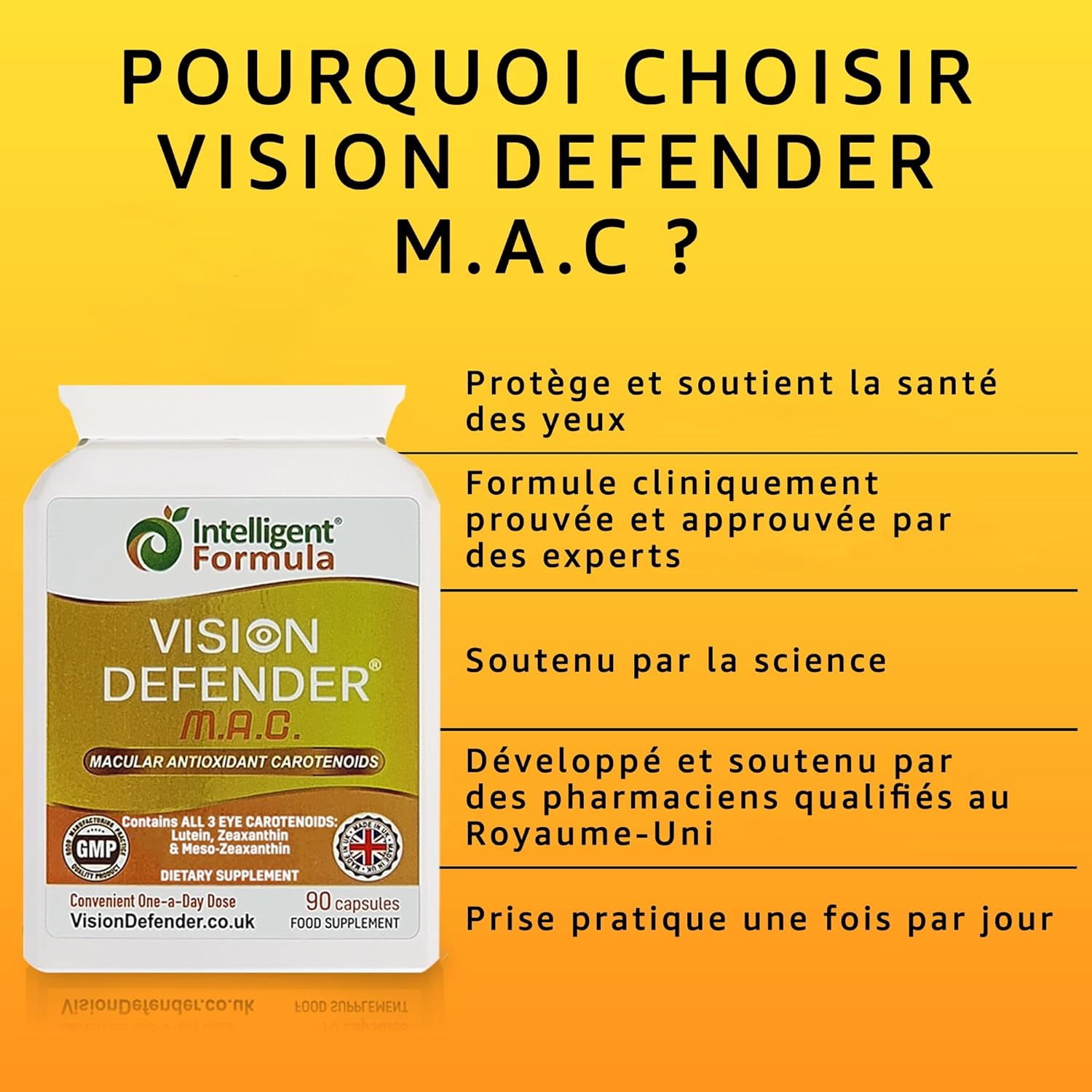 Vision Defender MAC Vitamines pour les Yeux – Caroténoïdes Triples : Lutéine 10mg, Zéaxanthine 2mg, Méso-Zeaxanthine 10mg – Soutien Vision & Santé Oculaire – 90 Gélules – Fabriqué au Royaume-Uni