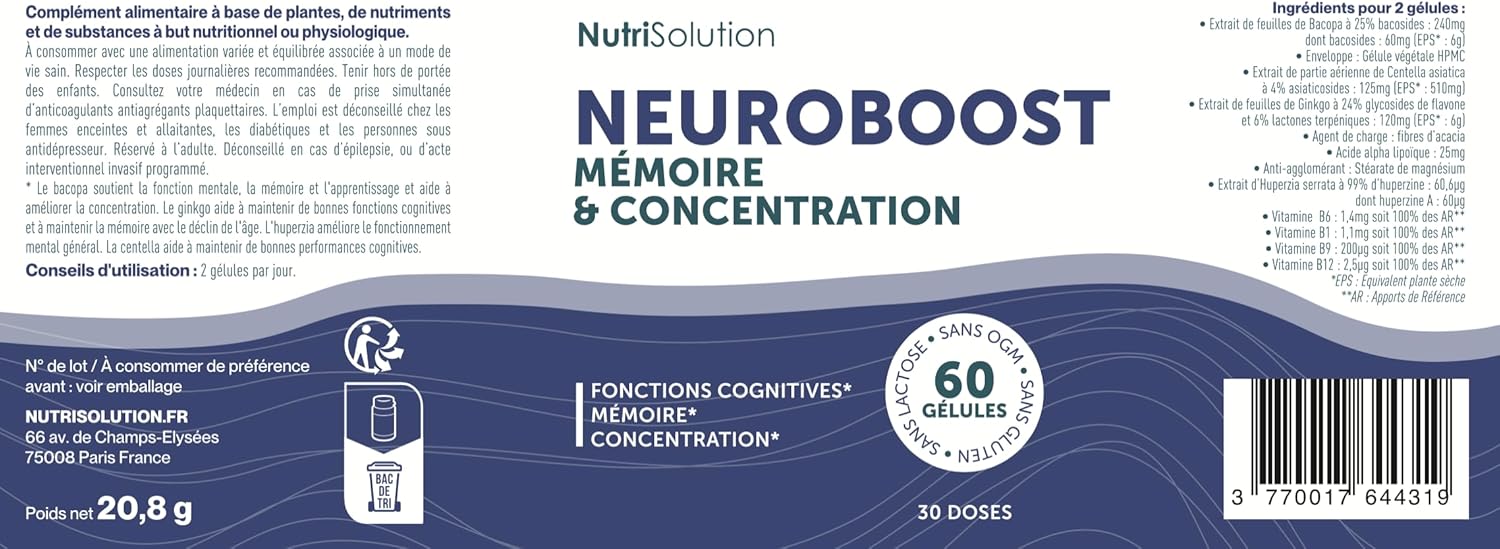 Neuro Boost par Nutrisolution - Boost Cognitif & Énergie, Vitamines B, Ginkgo Biloba, Bacopa, Acide Alpha Lipoïque, Végétalien, Fabriqué en France 60