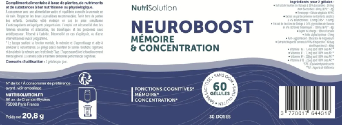 Neuro Boost par Nutrisolution - Boost Cognitif & Énergie, Vitamines B, Ginkgo Biloba, Bacopa, Acide Alpha Lipoïque, Végétalien, Fabriqué en France 60