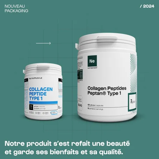 Nutrielement Collagène Peptide Type 1 en poudre 1.2 kg - 3200mg Collagene hydrolysé par dose - Complément alimentaire Tendons, Articulations, Peau et Cheveux - Nutrielement By Nutrimuscle Poudre 1,2kg Nature