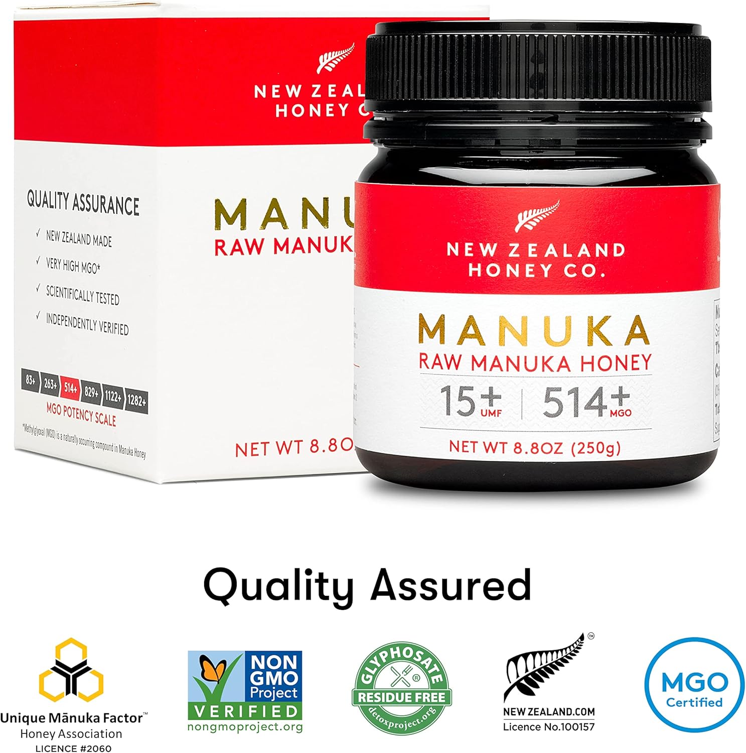 Miel de Manuka MGO 514+ / UMF 15+ de New Zealand Honey Co - - Actif et brut - Fabriqué en Nouvelle-Zélande - 250g 250 g (Lot de 1)