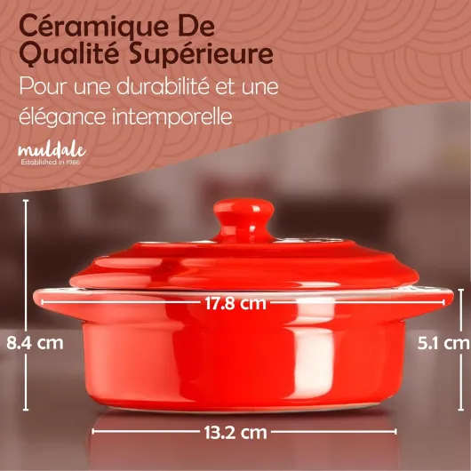 Plat de cuisson à camembert – Rouge – Plat de cuisson à brie sans plomb avec couvercle – 14 cm – Avec épandeur et boîte