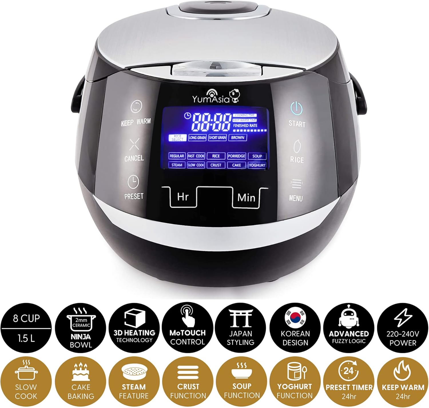 Sakura Cuiseur à riz avec bol en céramique et logique floue avancée, (8 tasses, 1,5 litre), 6 fonctions de cuisson du riz, 6 fonctions multicuiseur, écran LED Motouch, 220-240V Noir et argent