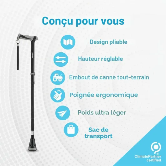 Rehand Canne de Marche Pliable Tout-Terrain, Canne de Marche pour Femme et Homme, Pointe Pivotante et Aide à la Mobilité Robuste, Bâton de Marche Réglable pour Les Personnes âgées et Les Dames Noir