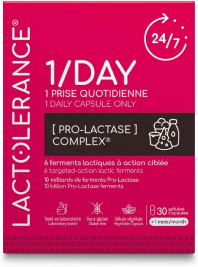 LACTOLERANCE 1/DAY I Précurseur de Lactase I Protection 24h/24-1 seule gélule par jour - Améliore la digestion du lactose - Tout niveau d'intolérance - 1 mois de traitement microbiotique 30 unité (Lot de 1)
