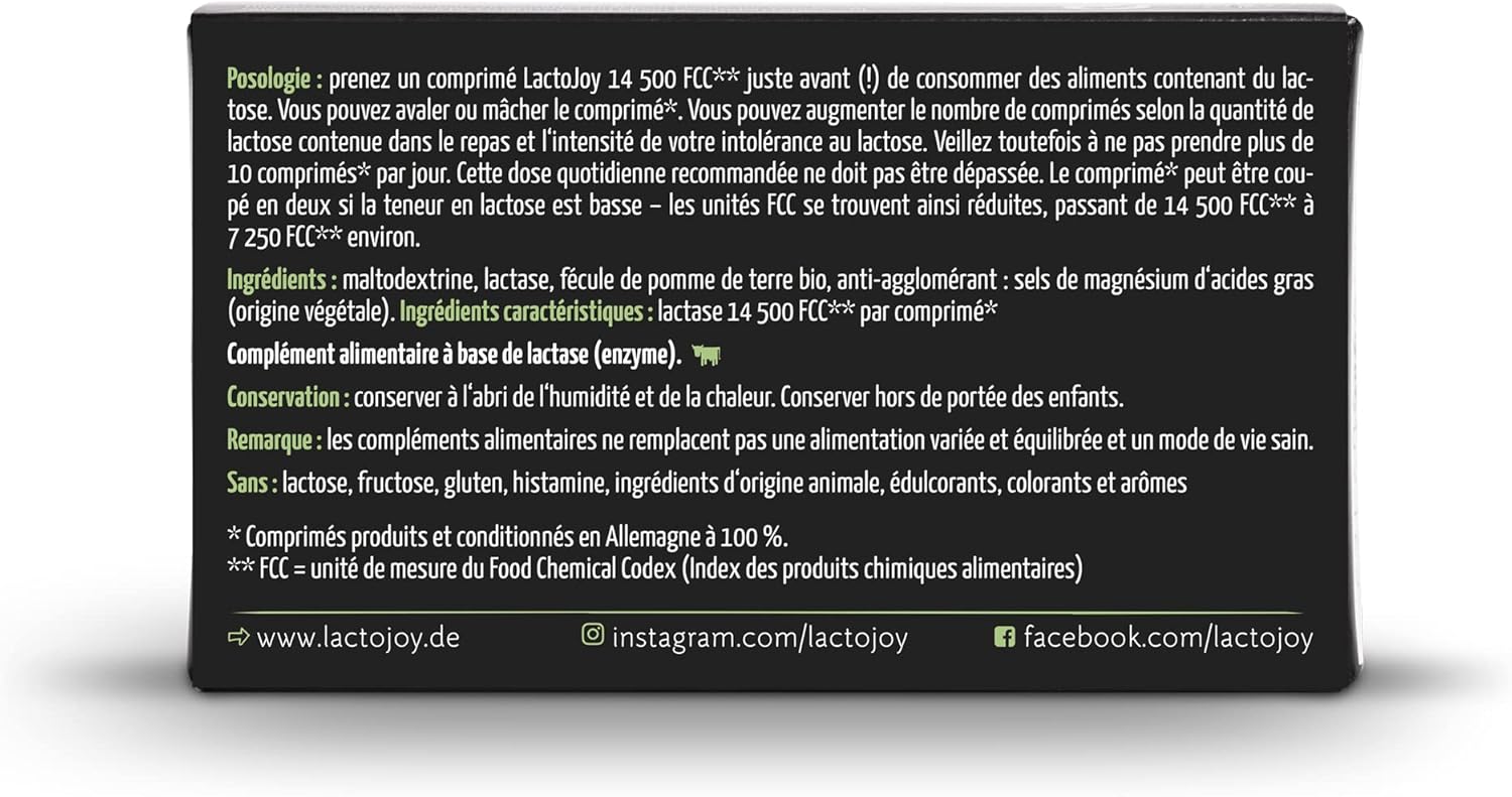 Comprimés de Lactase 14 500 FCC I Combat l'Intolérance au Lactose I Contient 80 Pcs - I 100% Végétale I Favorise la Digestion du Lactose I Sans Produits Chimiques