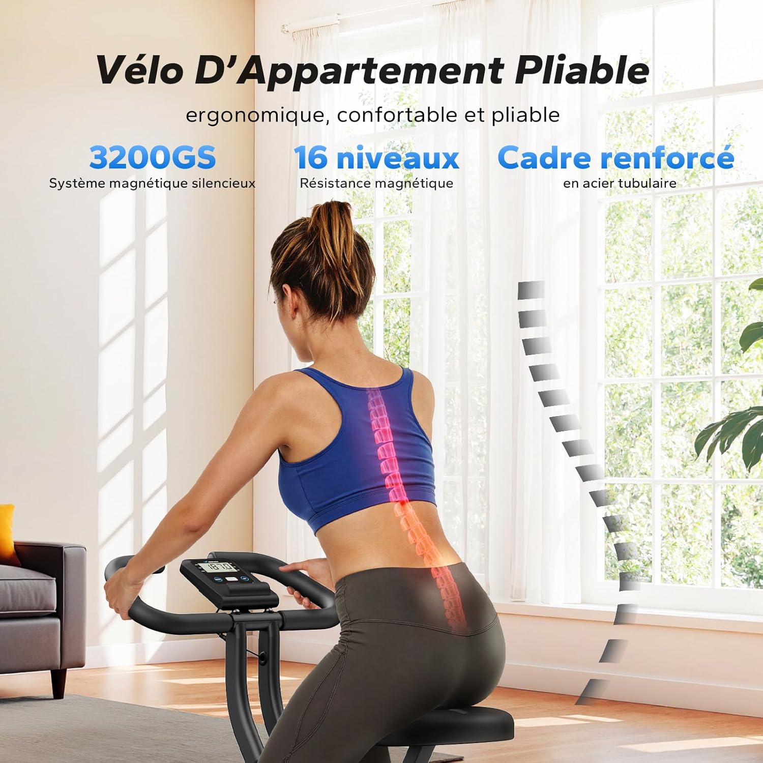 Vélo d’Appartement Pliable, Velo d Appartement avec Écran LCD, Vélo de Fitness Magnétique à Domicile avec Coussin Confortable, Gain de Place, Pour l’Entraînement Cardio, Capacité Max 136KG jaune
