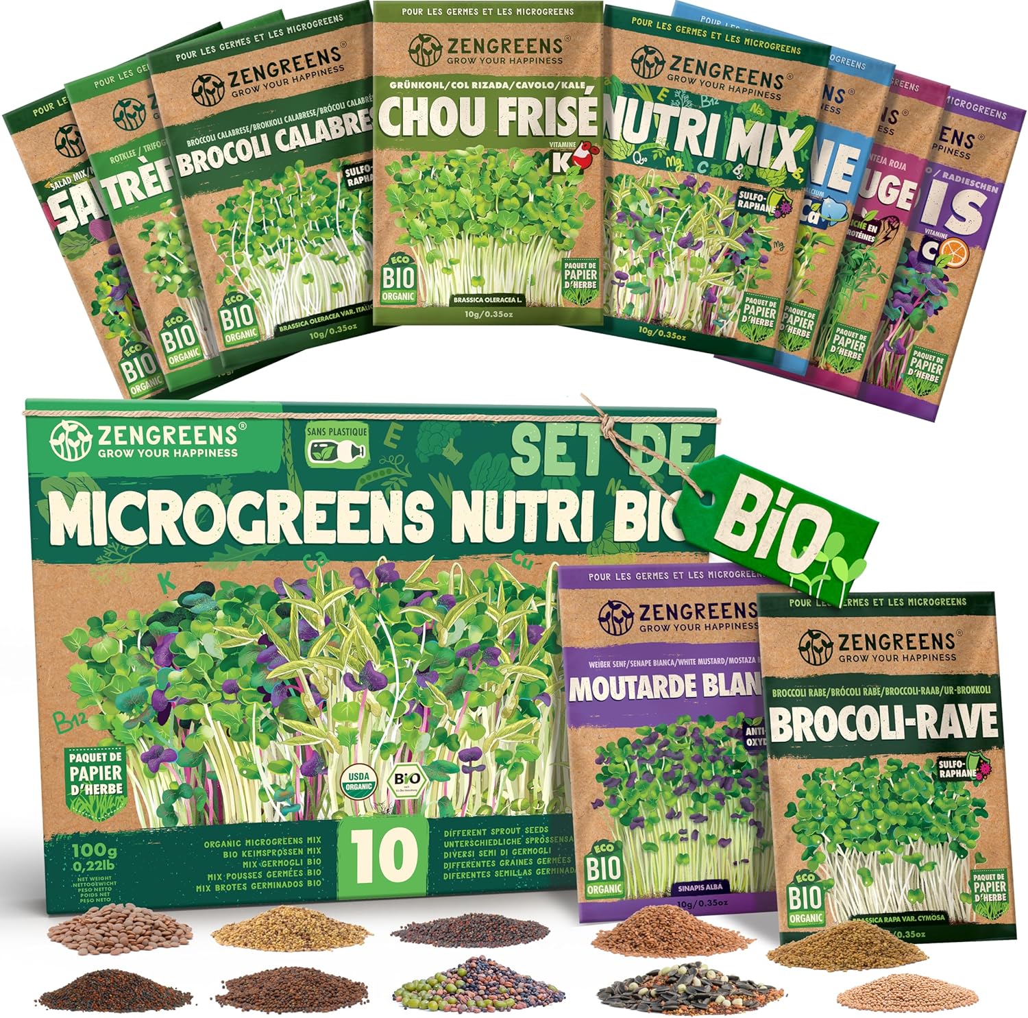 ZenGreens® - Graines germées bio en Kit de Nutri-Mix - Graines germées - 10 variétés de graines germées saines - culture facile en pot ou en terrine - Micrgreens Samen Mix - Lot de 10