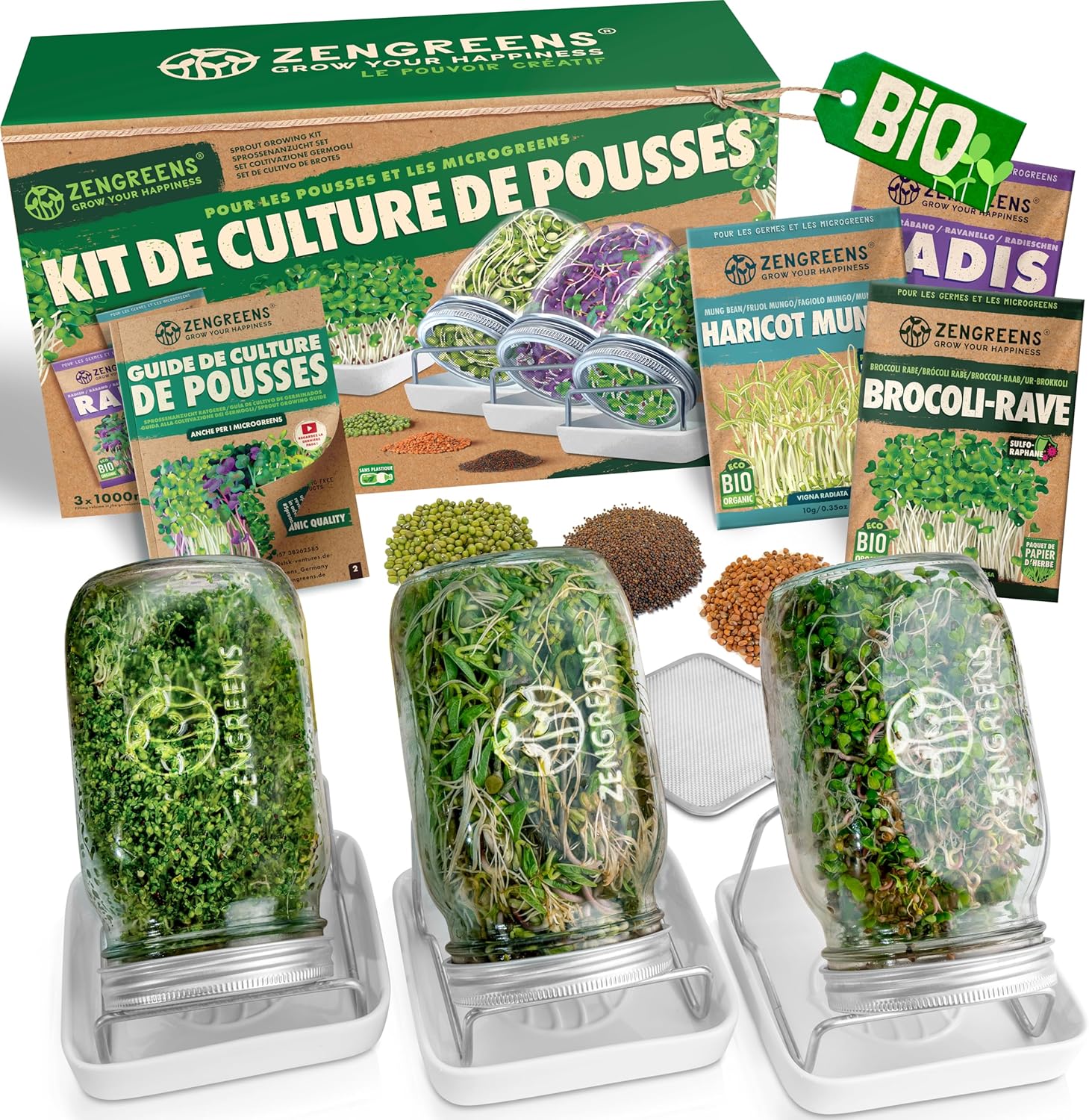 ZenGreens® Set de germoirs BIO avec graines à germer, plateau de germination & cours vidéo - Set de 1, 2, 3 pièces - Plateau de germination pour la culture de graines à germer Plateau de cresson Set de 3