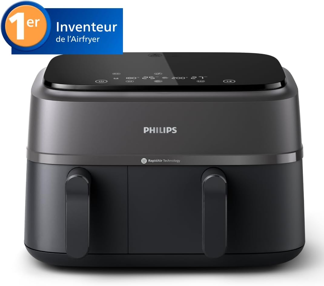 Airfryer Série 3000 - Air Fryer Double Panier, 9L, Technologie RapidAir, jusqu'à 90% de matières grasses en moins, Economies d'énergie, Application HomeID, coloris Noir (NA350/00) 9L - Double Tiroir