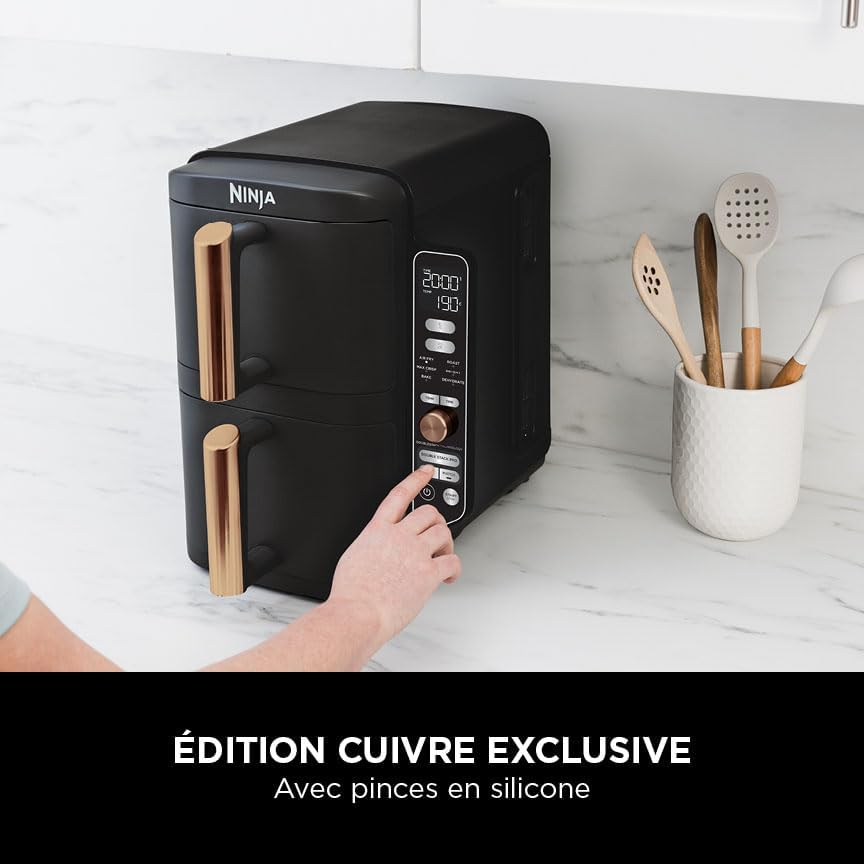 Double Stack XL Air Fryer 2 Compartiments Verticale, Compact, 4 Niveaux de Cuisson, Capacité de 9,5L, Air Fryer 6-en 1, Pièces Antiadhésives Amovibles Lavables Au Lave-Vaisselle, Noir/Cuivre Cuivre/Noir