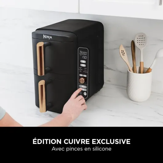 Double Stack XL Air Fryer 2 Compartiments Verticale, Compact, 4 Niveaux de Cuisson, Capacité de 9,5L, Air Fryer 6-en 1, Pièces Antiadhésives Amovibles Lavables Au Lave-Vaisselle, Noir/Cuivre Cuivre/Noir