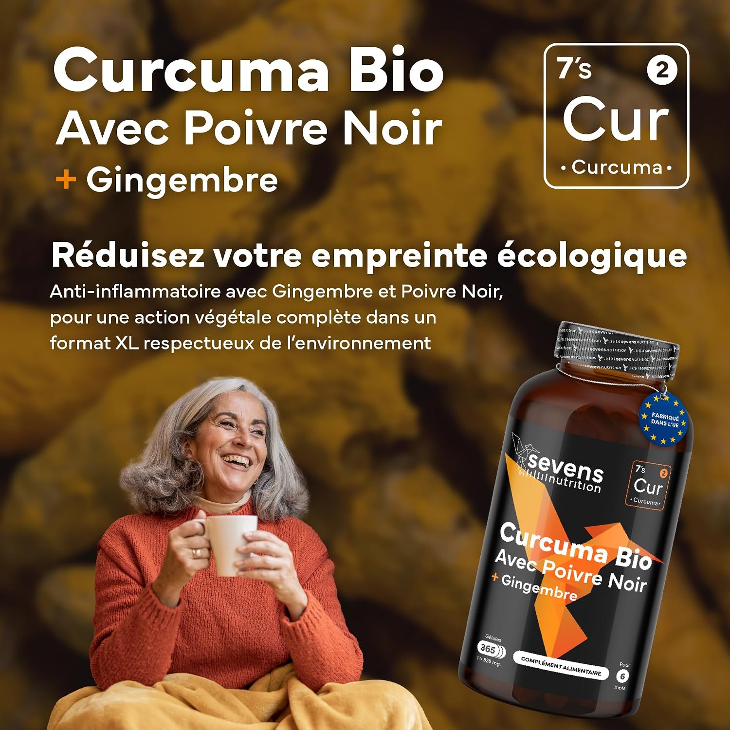 Curcuma Bio Gélule Anti Inflammatoire avec Gingembre et Poivre Noir - 1410 mg par Dose - 365 Gélules - Format XL Éco - Complément Articulations Os Vegan Naturel - Sevens