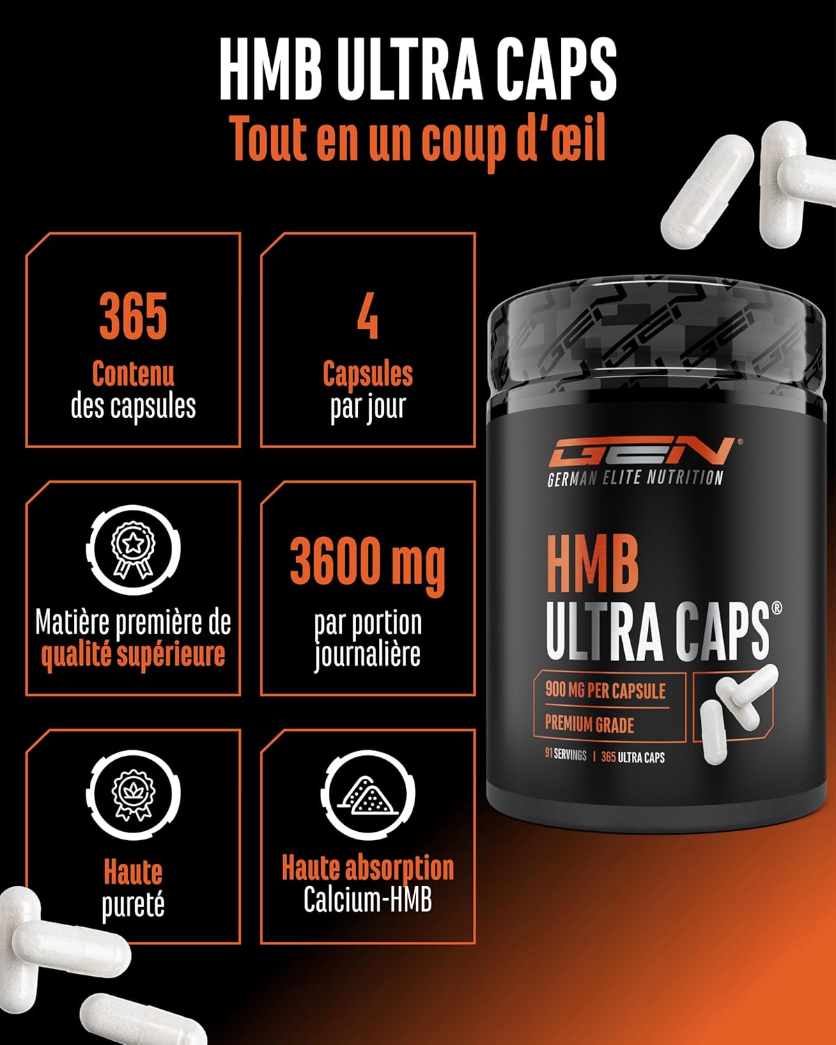 HMB Ultra Caps - 365 Gélules - Hautement Dosées avec 3600 mg de β-Hydroxy-β-Méthylbutyrate de Calcium Pur (HMB de Calcium) par Dose Quotidienne - sans Additifs Indésirables