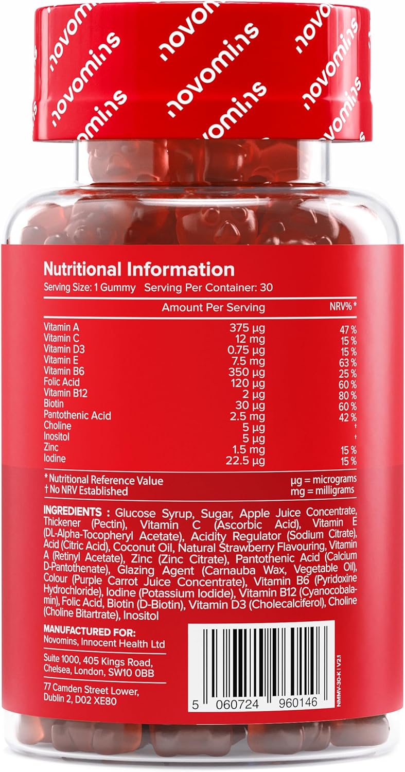 Multivitamines Enfants, 30 Gummies, Novomins - Soutient l'Immunité, Aide à Réduire la Fatigue, avec Vitamines A, C et D, Végétarien, Goût Fraise, Halal, Testé par Eurofins