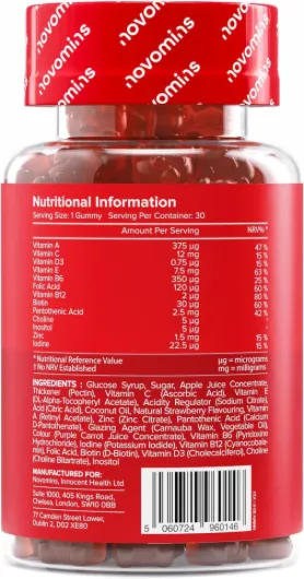 Multivitamines Enfants, 30 Gummies, Novomins - Soutient l'Immunité, Aide à Réduire la Fatigue, avec Vitamines A, C et D, Végétarien, Goût Fraise, Halal, Testé par Eurofins
