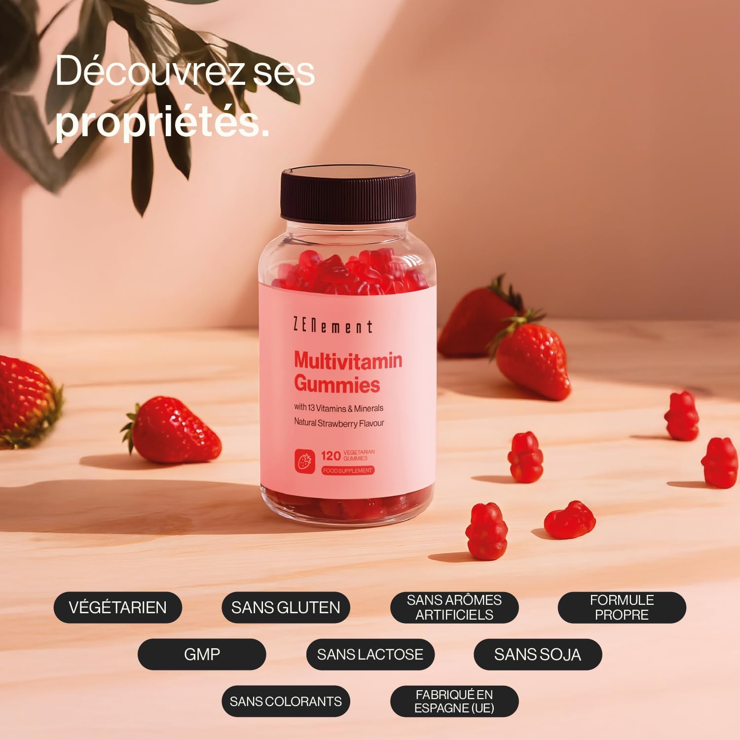 Multivitamines Gummies, avec 13 Vitamines et Minéraux, 120 Gomme Végétariennes - Goût Naturel de Fraise - Avec 13 Vitamines et Minéraux - Sans Gélatine, Végétarien, Sans Gluten - Zenement