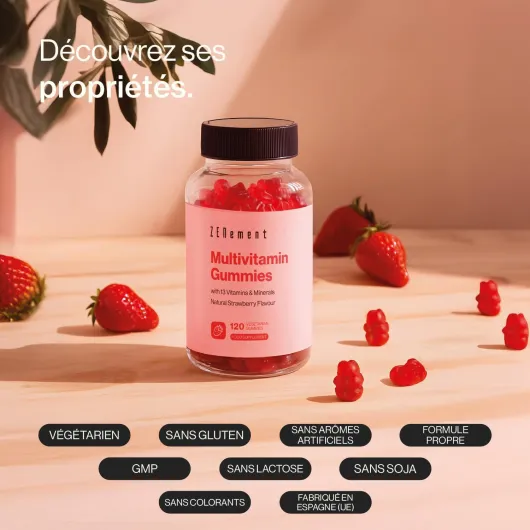 Multivitamines Gummies, avec 13 Vitamines et Minéraux, 120 Gomme Végétariennes - Goût Naturel de Fraise - Avec 13 Vitamines et Minéraux - Sans Gélatine, Végétarien, Sans Gluten - Zenement