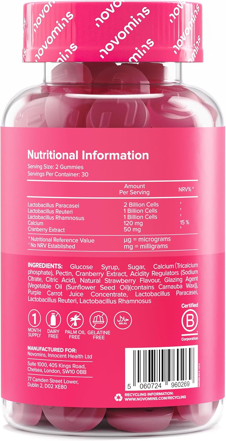 Bio-Balance Femme, Probiotique Flore Intime, 60 Gummies, Novomins - avec Probiotiques, Canneberge et Calcium, Végan, Goût Fraise, Halal, Testé par Eurofins