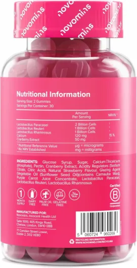 Bio-Balance Femme, Probiotique Flore Intime, 60 Gummies, Novomins - avec Probiotiques, Canneberge et Calcium, Végan, Goût Fraise, Halal, Testé par Eurofins
