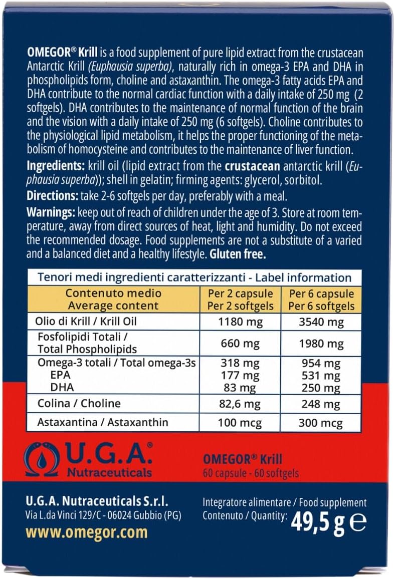Krill - Complément alimentaire avec phospholipides, choline, Oméga-3 et astaxanthine à haute biodisponibilité - 260 mg d'EPA et DHA - Sans arrière-goût - Facile à avaler - 60 capsules 60 gélules (Pack de 1)