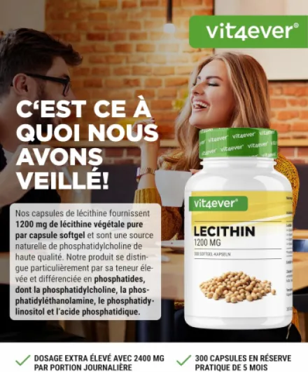 Lécithine 1200 mg - 300 Softgels - Premium : avec Phosphatides - Lécithine de Soja sans OGM - Haute Dose - Qualité Premium 300 unité (Lot de 1)