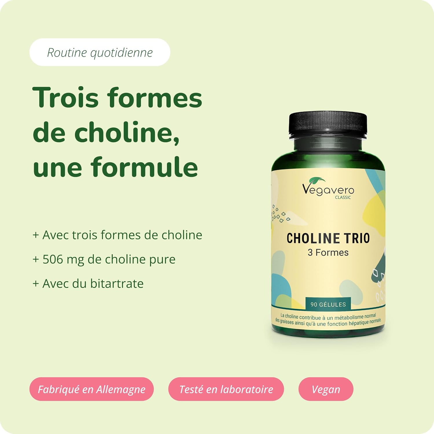 CHOLINE Vegavero® - Avec 3 Formes Actives : L-Choline Bitartrate, CDP Citicoline et Phosphatidylcholine - Sans Additifs - Fonction Hépatique - 90 Gélules - VEGAN