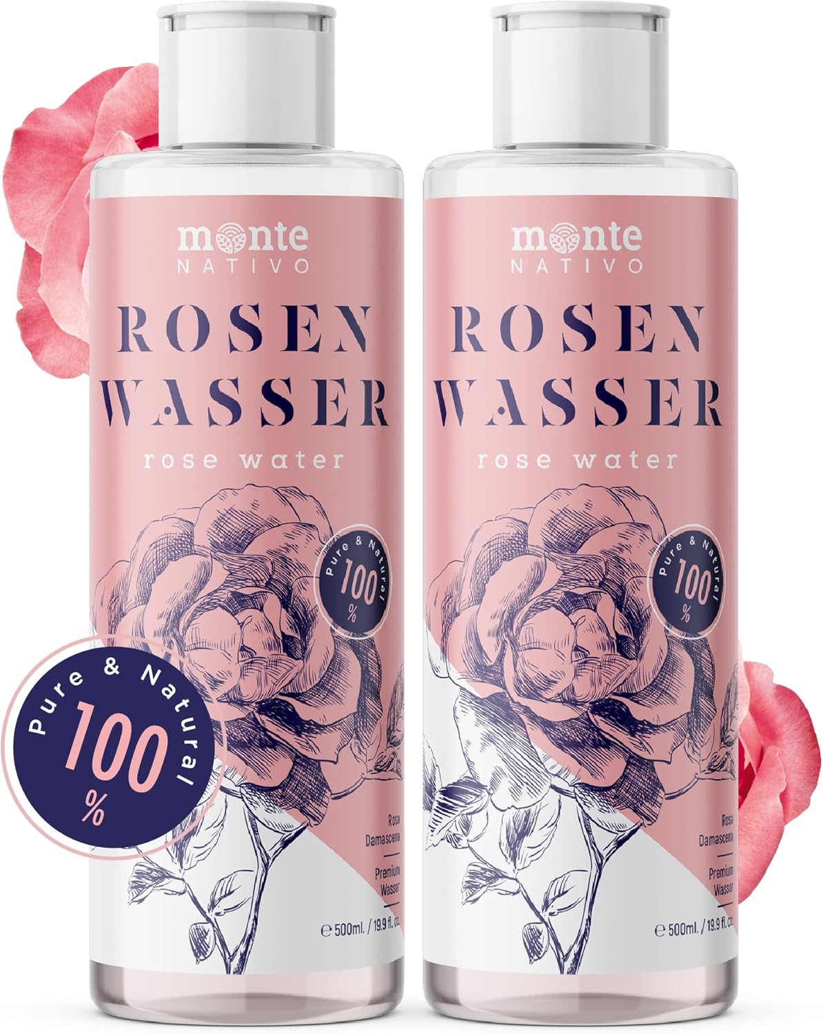 100% Pure Eau de Rose MonteNativo - 2x500ml - 100% Bio et Naturel, Lotion Tonifiante pour le visage, Hydrolat naturel de rose, Triple purification, eau florale de rose