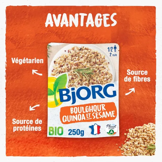 Plat Cuisiné Veggie - Boulghour Quinoa Sésame - Bio - 2 x 250 g - Plat préparé Végétarien - 100% Végétal - Prêt en 2 min - Source de Protéines - Doypack Micro-ondable 250 g (Lot de 1) Boulghour, Quinoa & Sésame