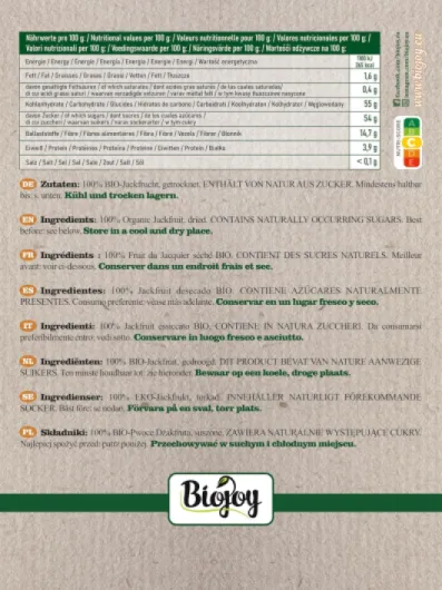 BIO Jackfruit séché, morceaux de jackfruit, 500 g - Fruit du jacquier, non sulfuré, sans sucre ajouté