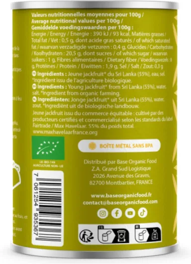Jackfruit Bio en Morceaux À Cuisiner 430g - 220g Égoutté - Sans additifs - Sans OGM - Vegan Équitable - Vegetarien - Végétalien - Sri Lanka -Fruit Exotique Salé - Fruit du jacquier -BASE ORGANIC FOOD Pack of 4