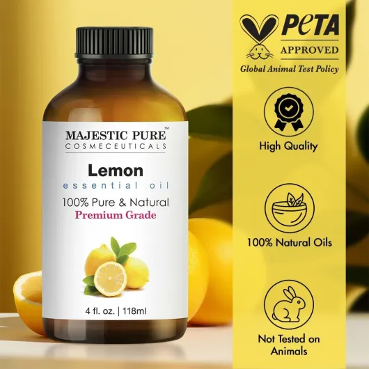 Majestic Pure Huile Essentielle de Citron, 118ml - avec compte-gouttes en verre 100 % pur et naturel Huiles essentielles pour diffuseur, aromathérapie, fabrication de savons Citron 118 ml (Lot de 1)