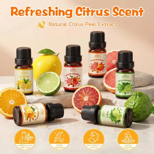 Kit Huiles Essentielles Agrumes 6 x 10ML, Huile Essentielle d'agrumes Aromathérapie pour Diffuseur, Orange Sanguine, Orange Amère, Citron Vert, Citron, Bergamote, Pamplemousse